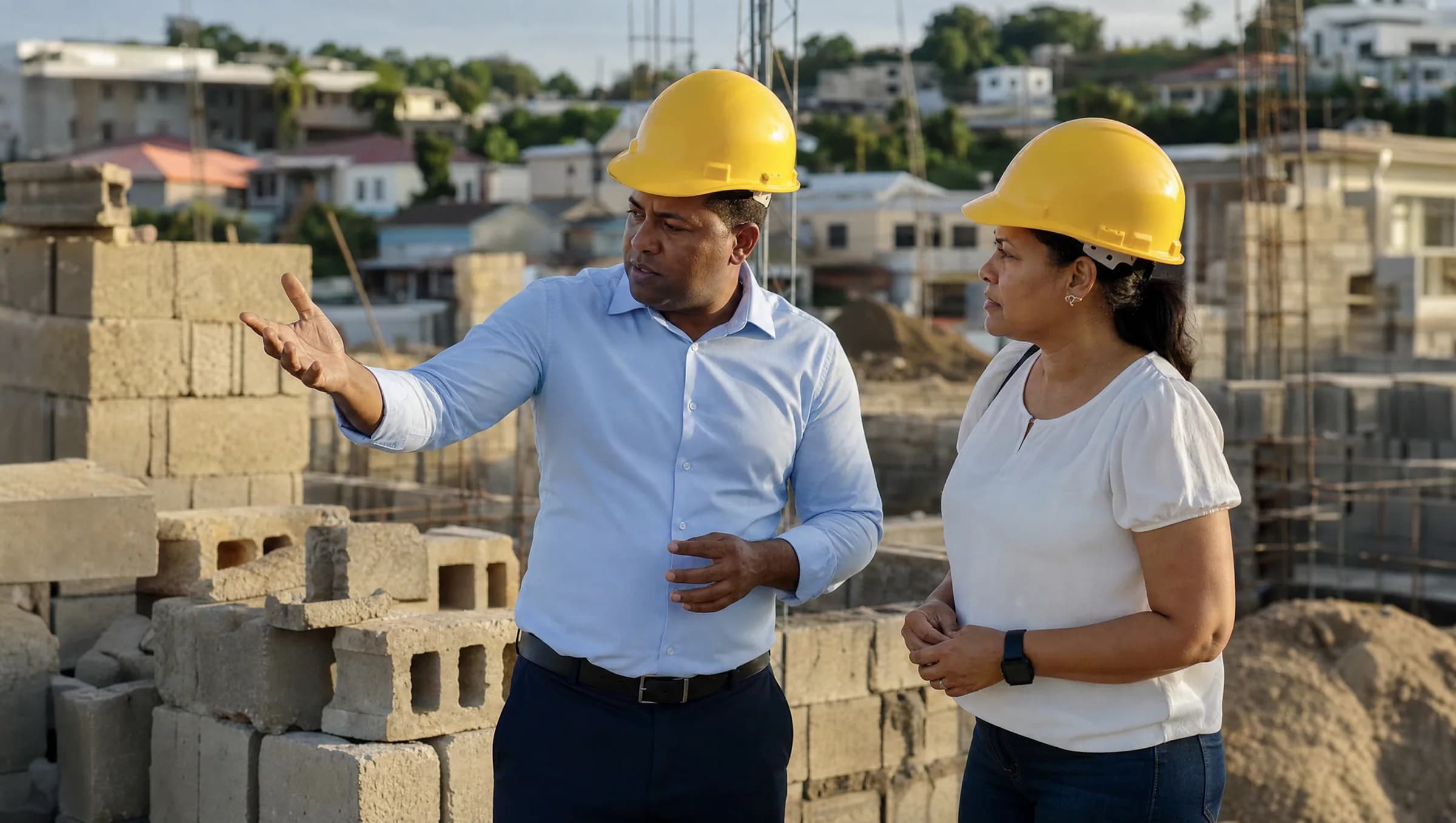 Agente inmobiliario certificado conversando con cliente en obra de construcción en Santiago, República Dominicana, ambos con cascos de seguridad