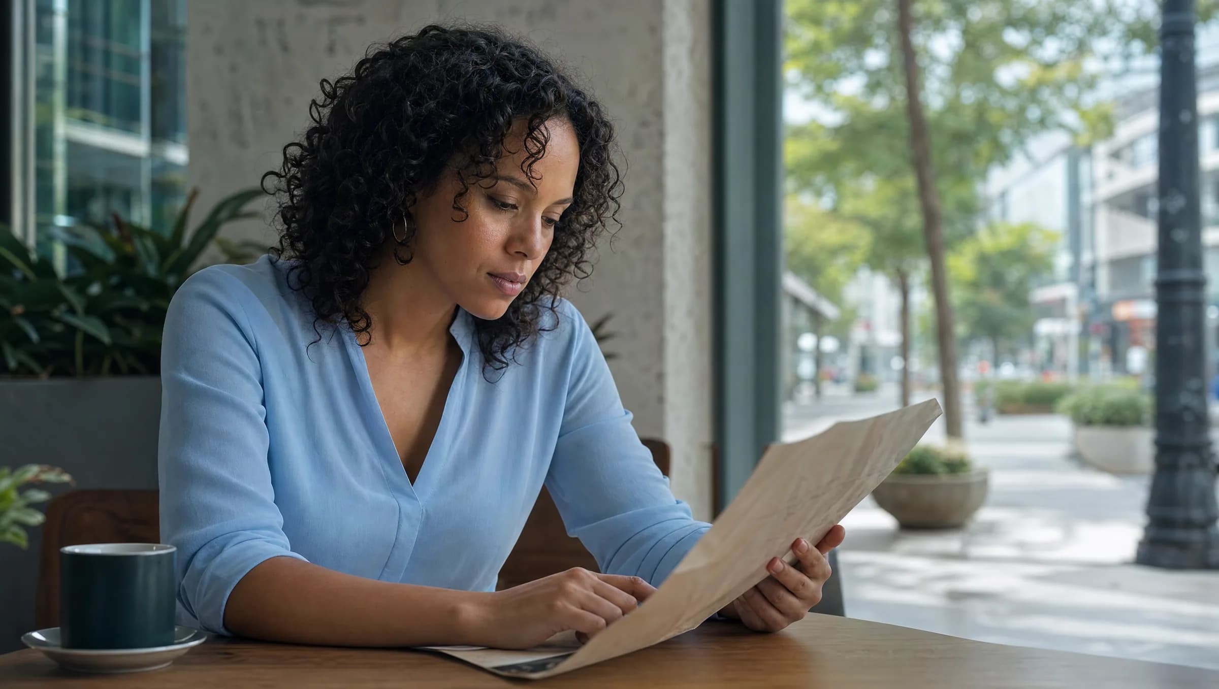 Mujer dominicana estudiando concentradamente un mapa de la ciudad en un café de Santiago, representando la importancia de conocer la ubicación real al buscar propiedades