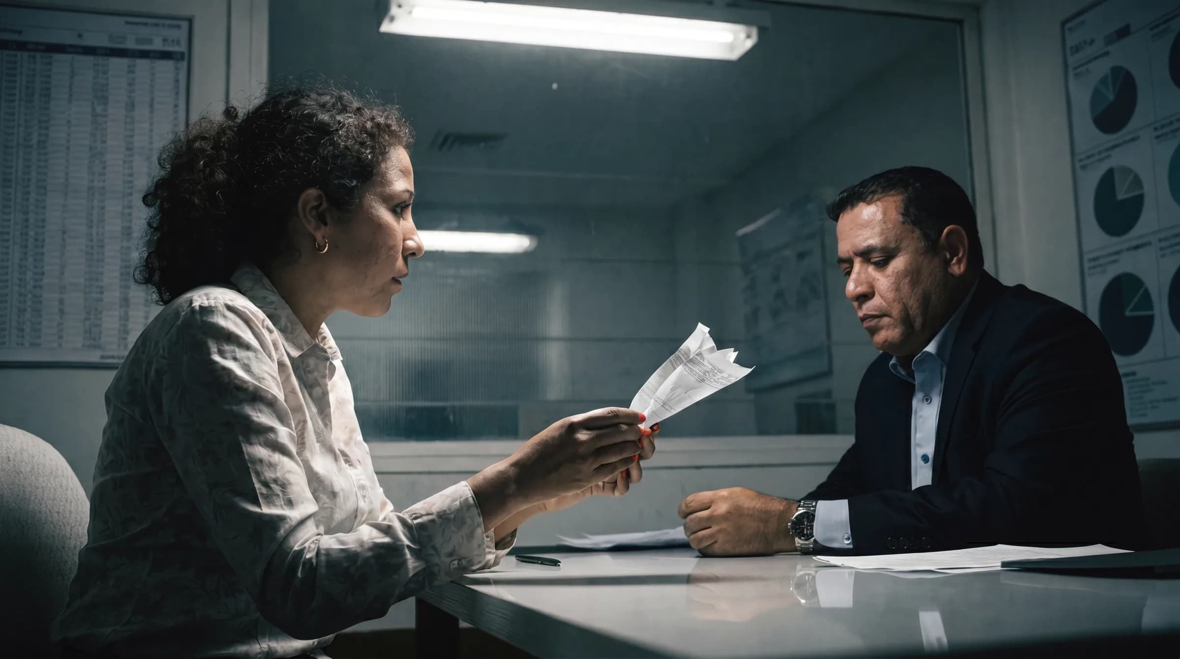 Mujer dominicana en oficina bancaria recibiendo noticias sobre su preaprobación hipotecaria, mostrando la frustración de descubrir limitaciones financieras después de ver propiedades
