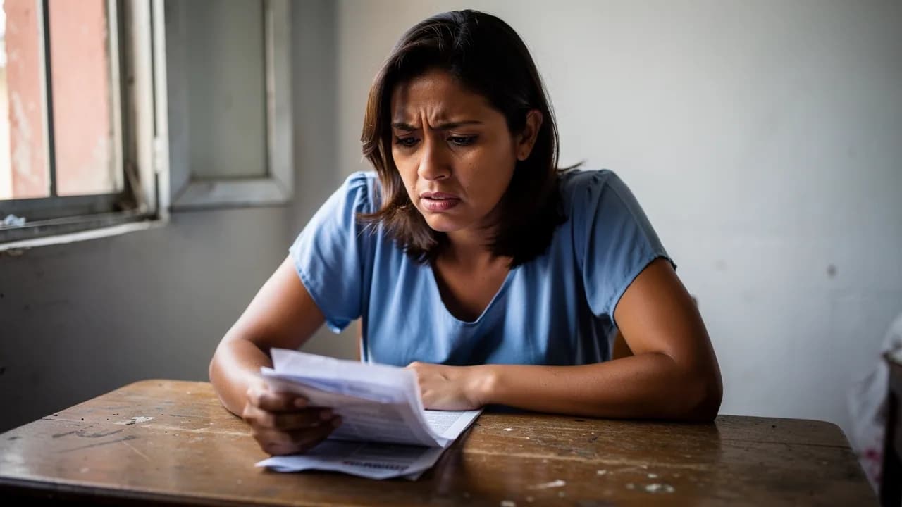 Mujer dominicana revisando documentos inmobiliarios en su apartamento con expresión preocupada, verificando información de agentes antes de tomar una decisión de compra