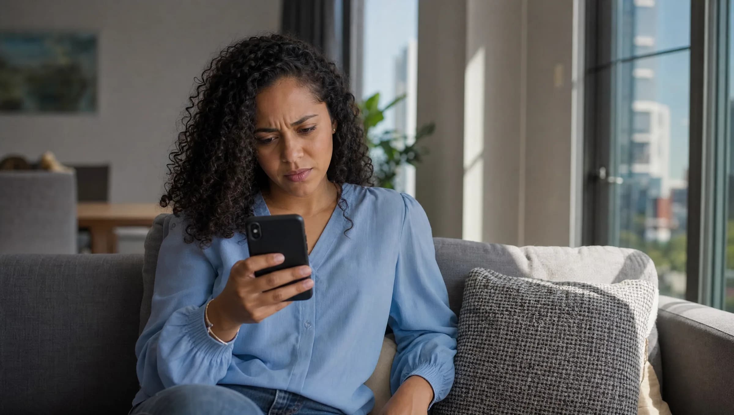 Mujer dominicana sentada en sofá revisando propiedades en su teléfono con expresión de confusión en apartamento de Naco
