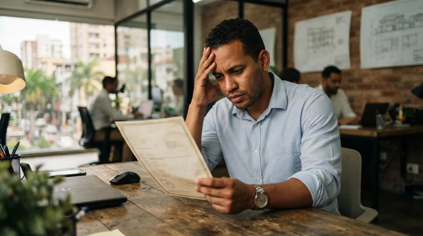 Hombre dominicano revisando documentos de propiedad con expresión preocupada en oficina inmobiliaria de Santo Domingo Este