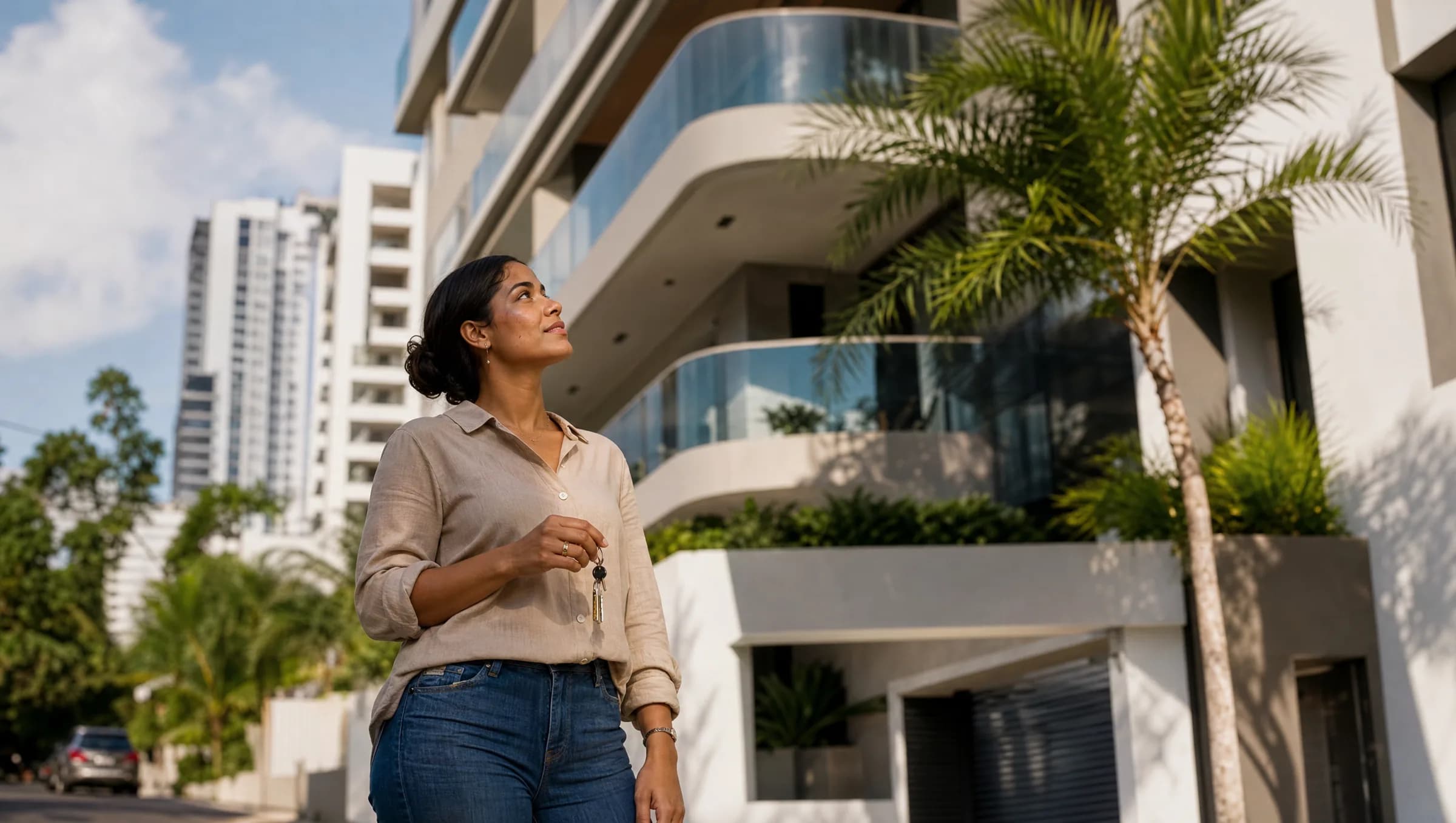 Mujer dominicana pensativa parada frente a edificio residencial moderno en Santo Domingo, sosteniendo llaves mientras contempla la fachada