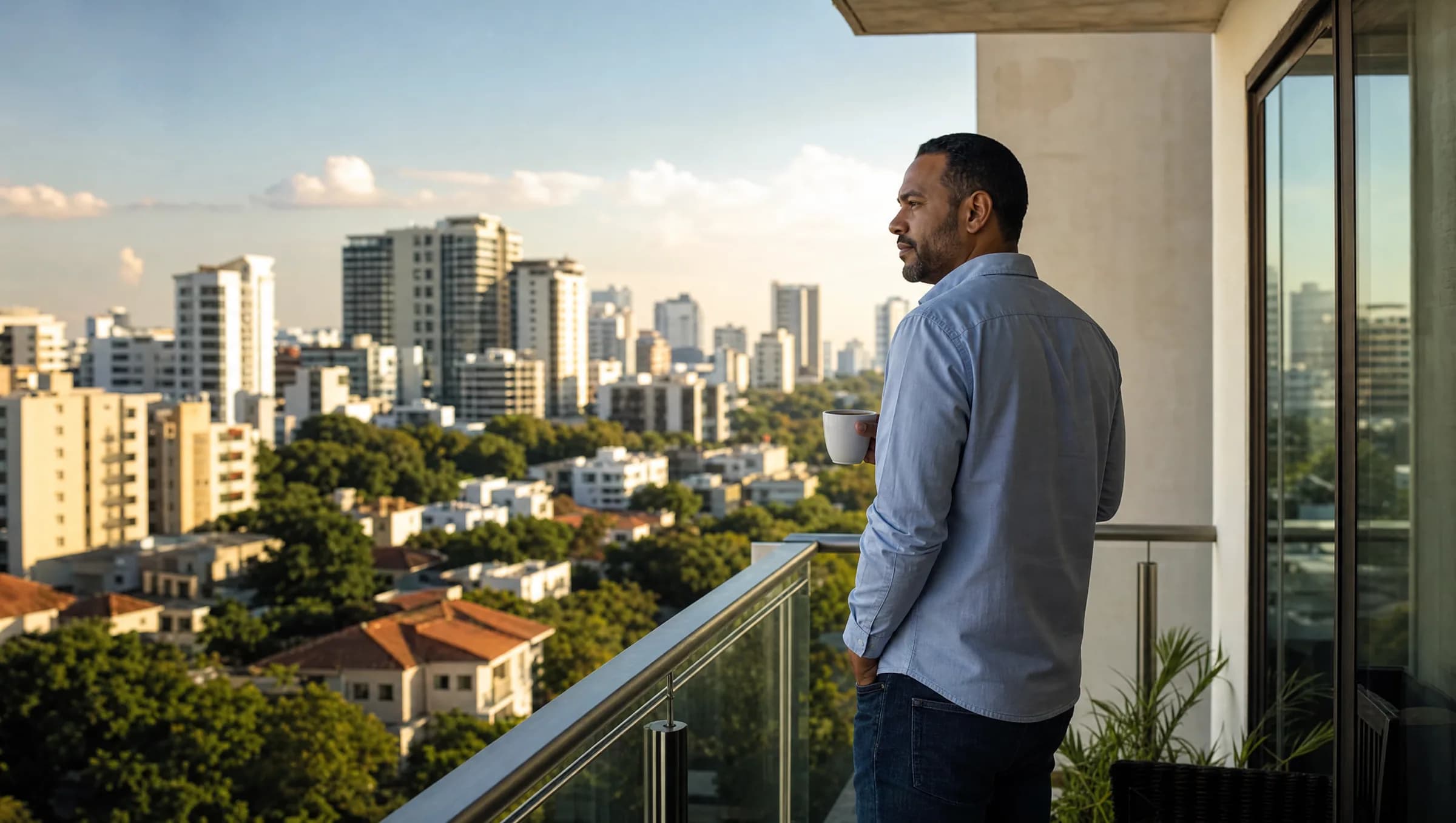 Dominicano retornante reflexionando desde el balcón de un apartamento en Santo Domingo, contemplando el vecindario de Naco con una taza de café en la mano durante la mañana