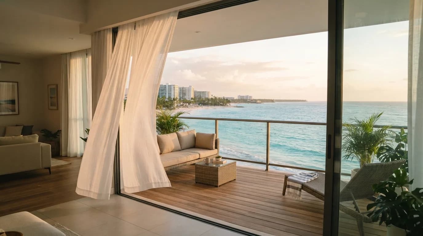 Balcón de apartamento moderno con vista al océano turquesa en Bávaro, puertas de vidrio abiertas con cortinas blancas moviéndose con la brisa marina