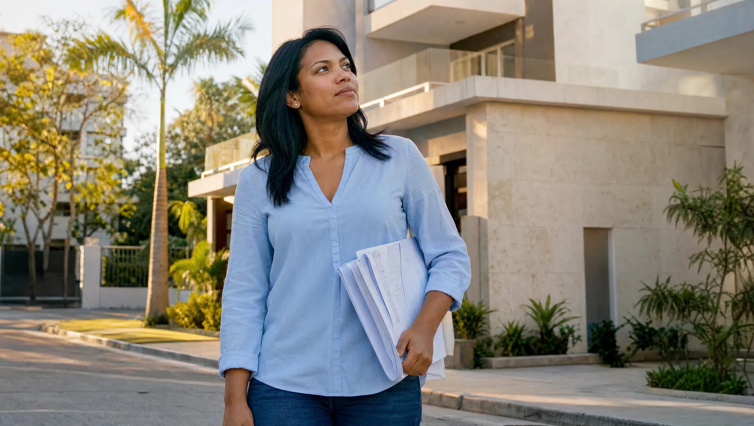 Mujer dominicana observando edificio de apartamentos en Santiago mientras sostiene planos de vivienda, reflejando el momento de decisión antes de comprar su primera propiedad