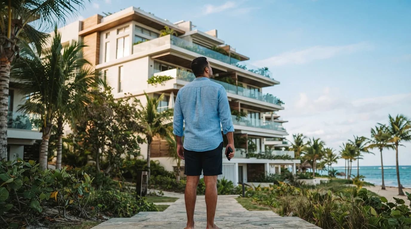 Hombre contemplando edificio residencial en Punta Cana antes de tomar decisión de compra