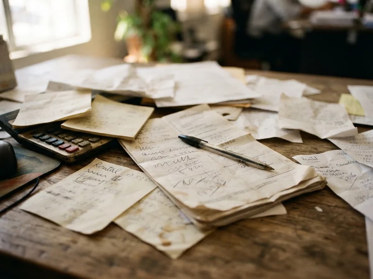 Real estate documents and calculations on work desk showing investment analysis