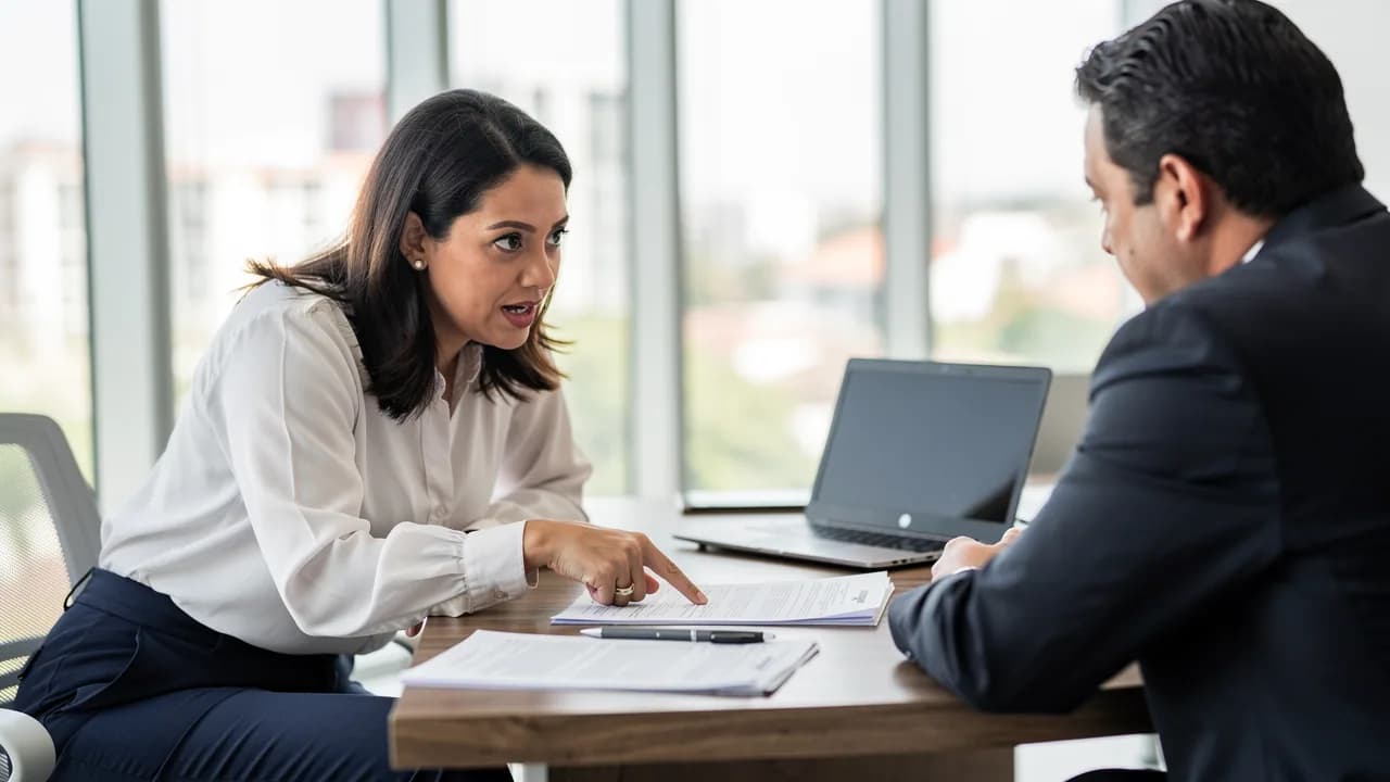 Mujer dominicana revisando contrato de compraventa con agente inmobiliario en oficina de Santiago, haciendo preguntas sobre el Bono Primera Vivienda