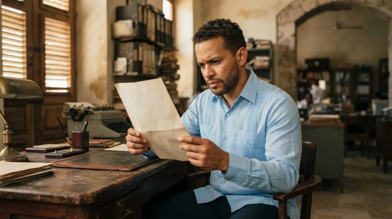 Hombre dominicano revisando documentos de propiedad en oficina notarial en Gazcue, concentrado en la lectura de papeles legales