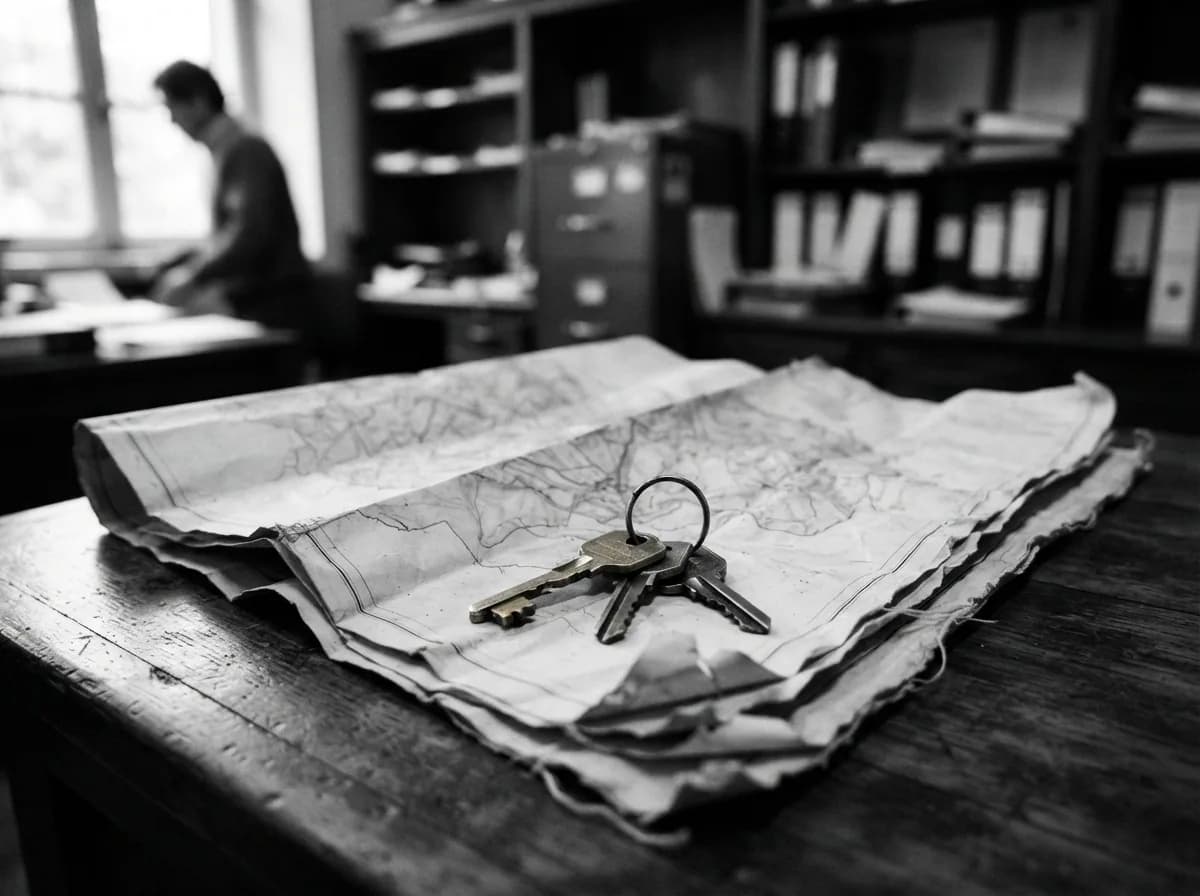House keys over a cadastral map folded in a real estate registry office in Santiago, symbolizing the property surveying process