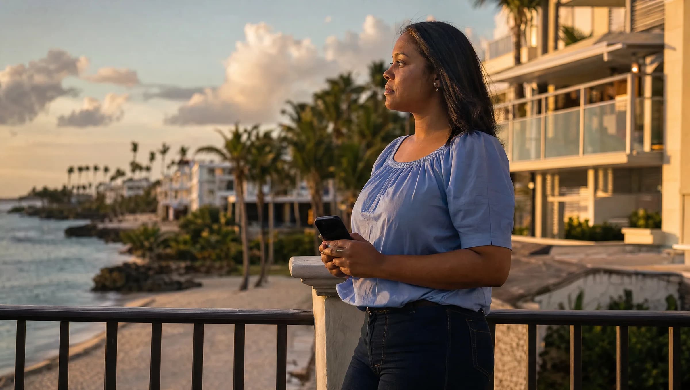 Mujer dominicana contemplando propiedades frente al mar en Punta Cana mientras sostiene su teléfono móvil, con expresión pensativa durante la hora dorada