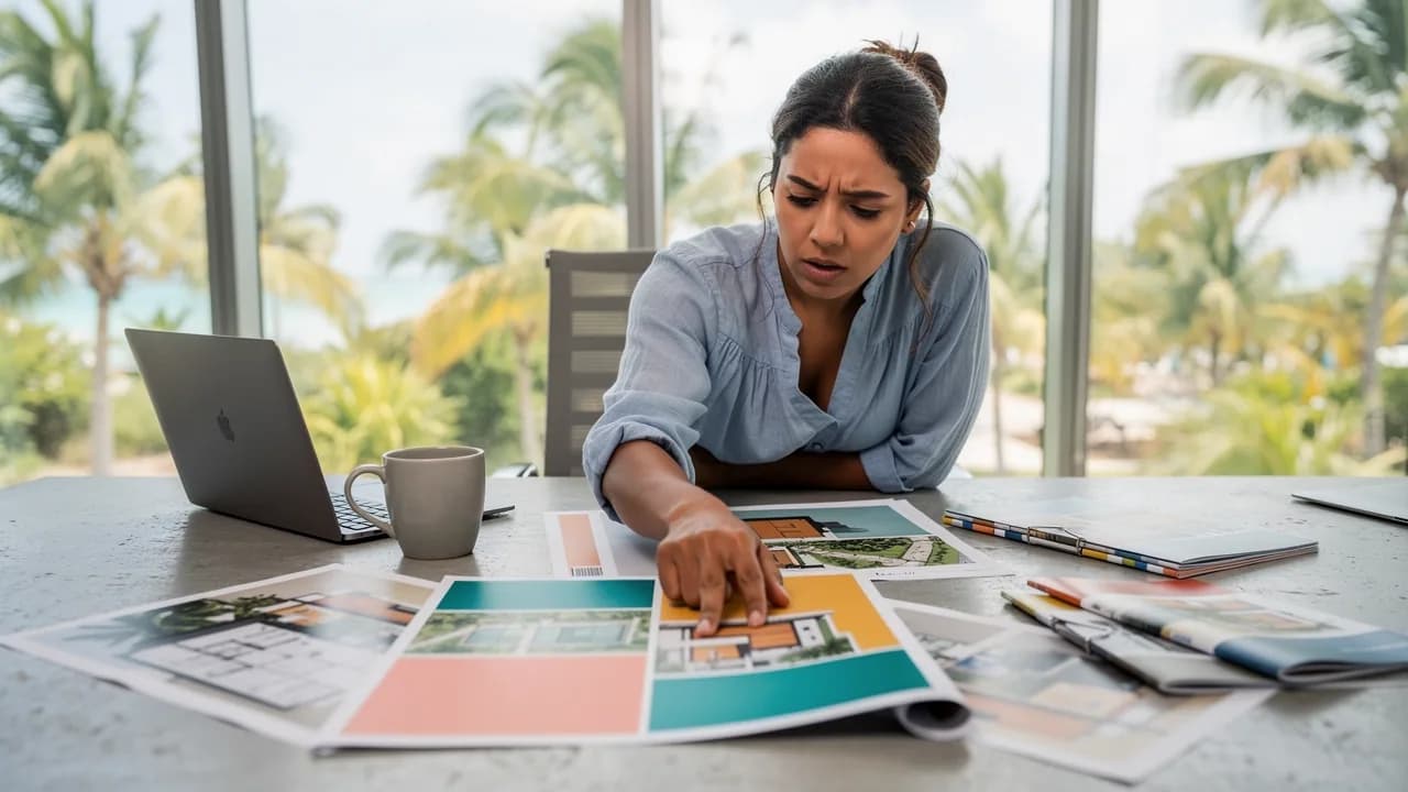 Mujer dominicana revisando renders y planos de proyecto inmobiliario en oficina de bienes raíces en Punta Cana