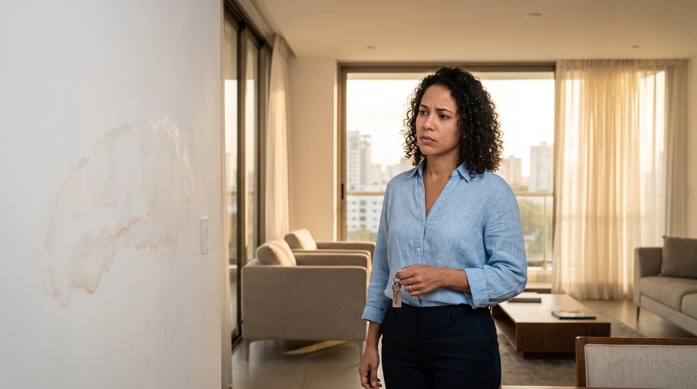 Mujer dominicana sosteniendo llaves de apartamento mientras inspecciona mancha de humedad en pared de sala moderna en Santiago
