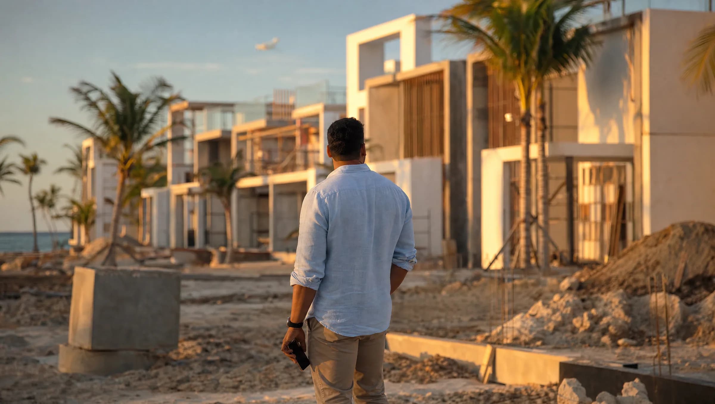 Hombre dominicano de espaldas observando una construcción residencial moderna en Punta Cana, sosteniendo un teléfono móvil, reflejando la contemplación ante una decisión de inversión inmobiliaria