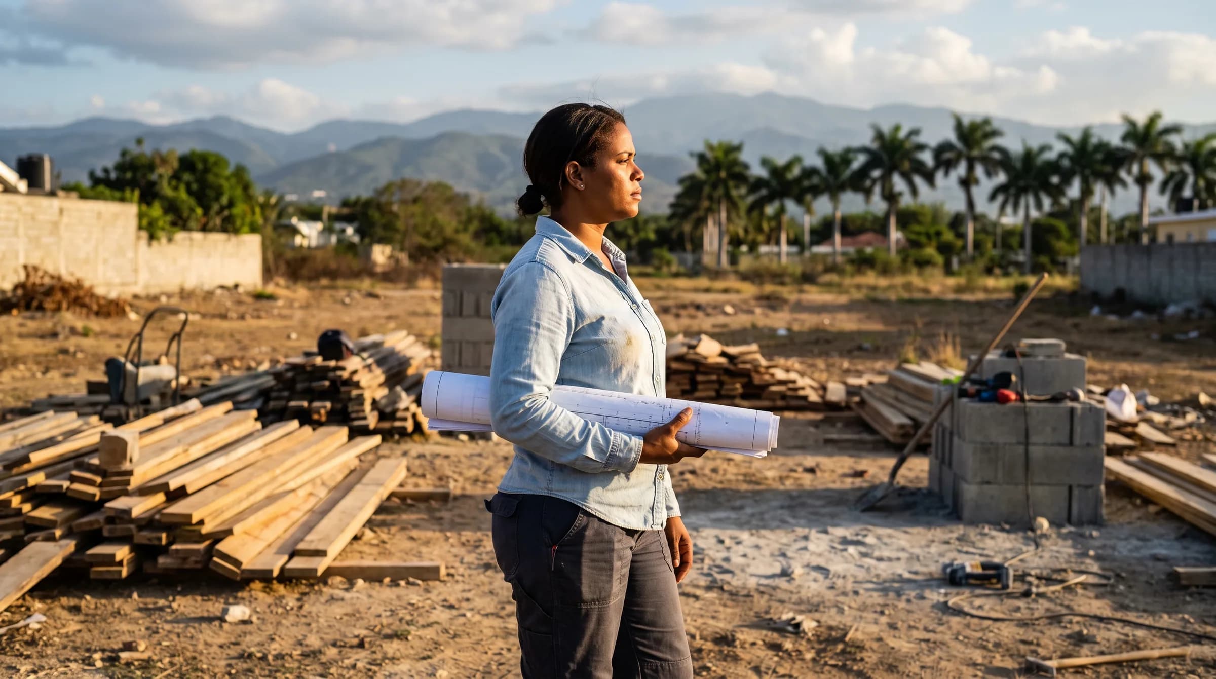 Mujer dominicana de pie en terreno vacío de construcción en Santiago, sosteniendo planos arquitectónicos mientras mira hacia el horizonte con expresión determinada