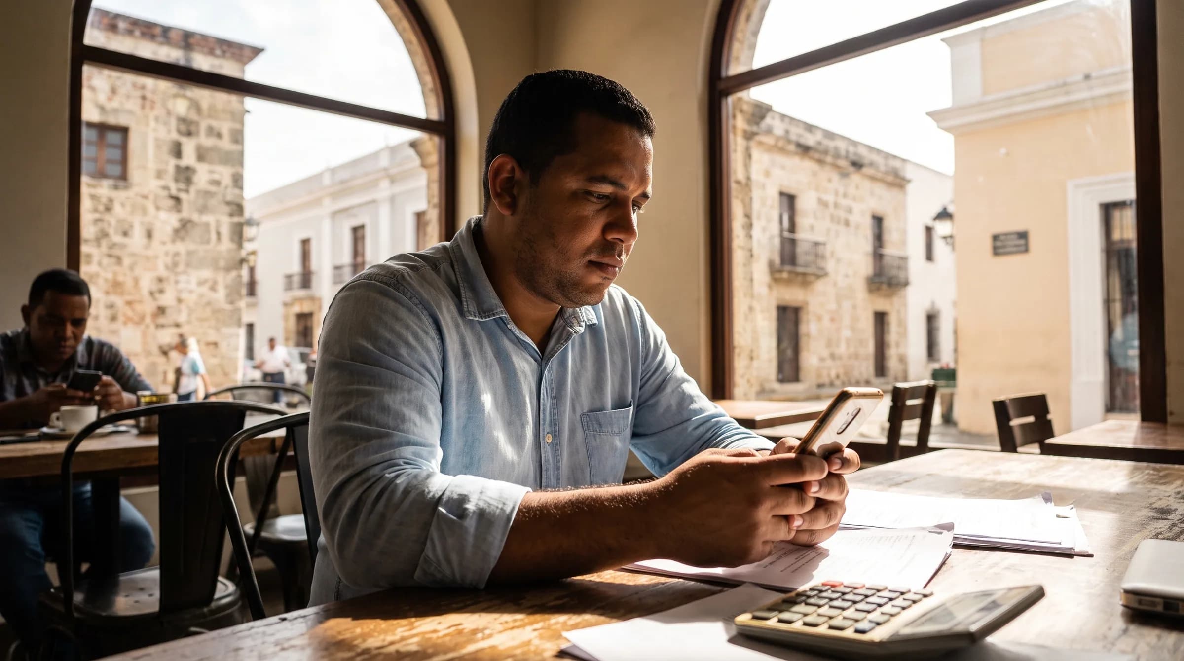 Hombre dominicano revisando información de préstamos hipotecarios en su teléfono mientras analiza documentos financieros en una cafetería