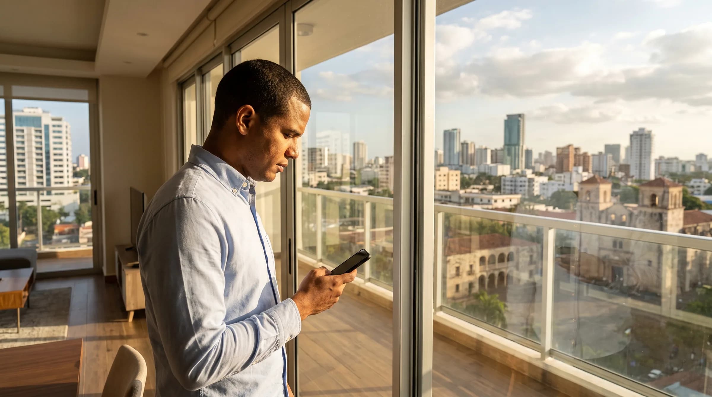 Agente inmobiliario dominicano revisando su teléfono junto a una ventana con vista panorámica de Santo Domingo, en un apartamento moderno con luz natural del Caribe