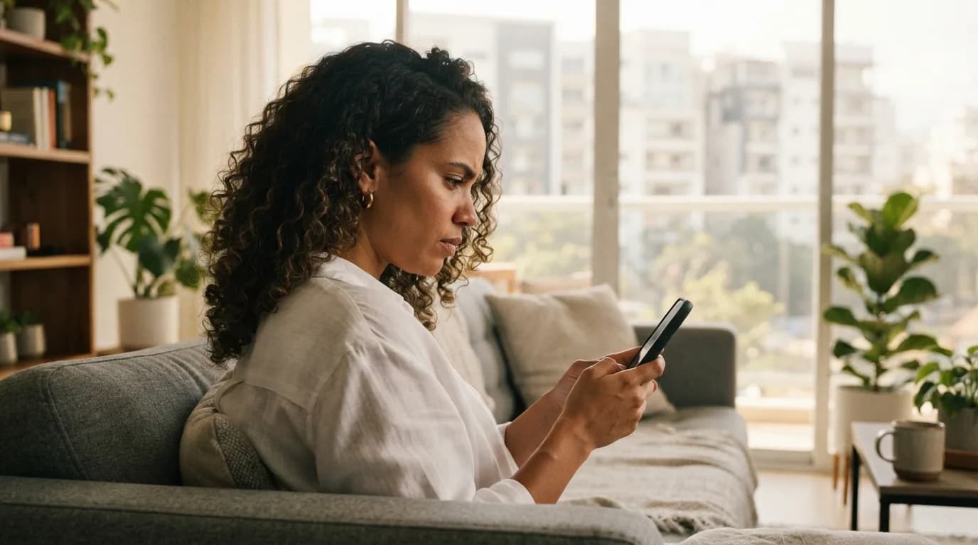 Mujer dominicana concentrada revisando mensajes en su teléfono desde su sala, con edificios de Santo Domingo visible al fondo