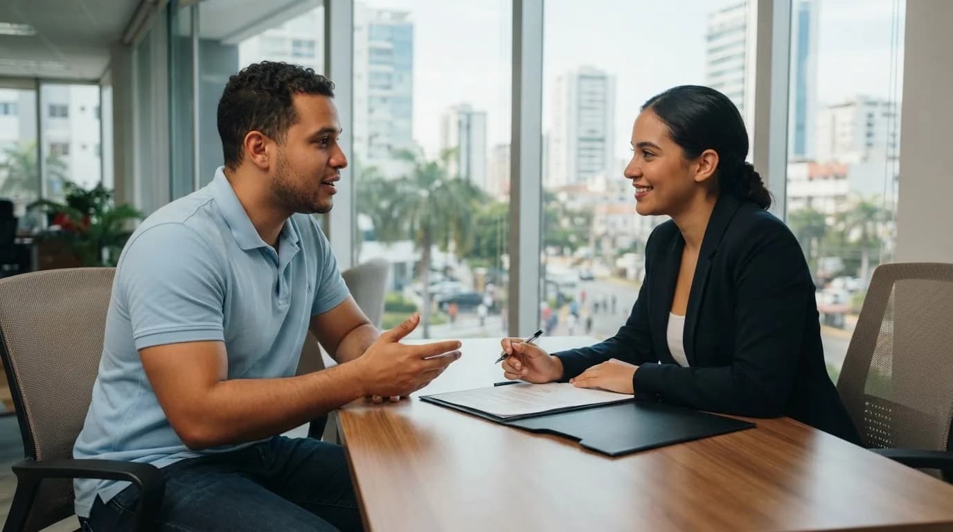 Un hombre dominicano conversa con una agente inmobiliaria en una oficina moderna de Piantini, estableciendo una relación de confianza profesional