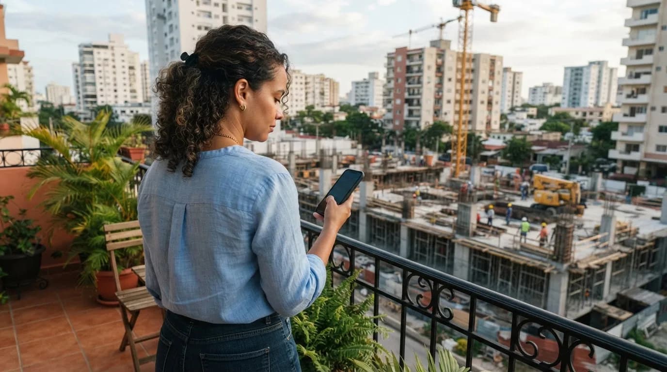 Mujer dominicana observando desde su balcón un proyecto de construcción mientras revisa información en su teléfono, reflejando la decisión cuidadosa entre proyectos aprobados y en gestión