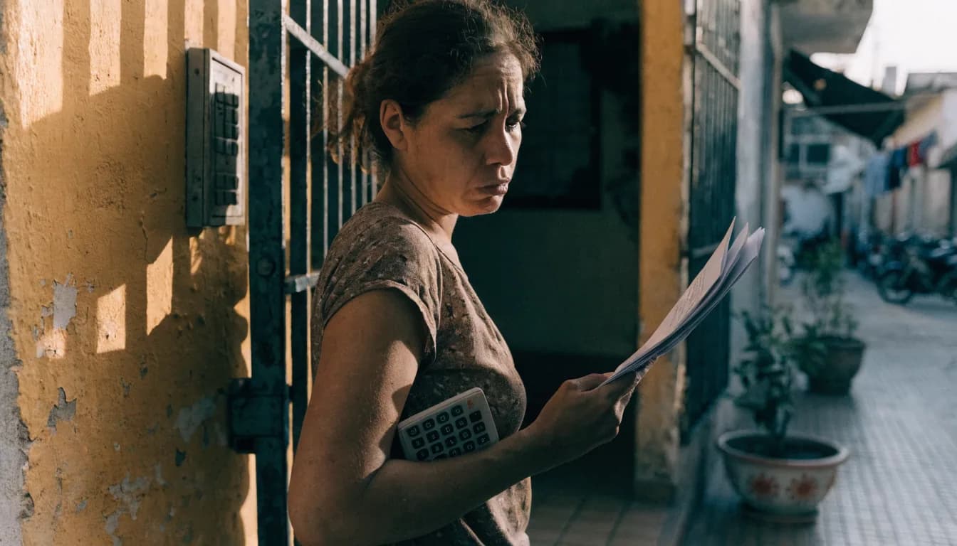 Mujer dominicana joven con expresión ansiosa sosteniendo papeles de presupuesto frente a edificio residencial en Santiago
