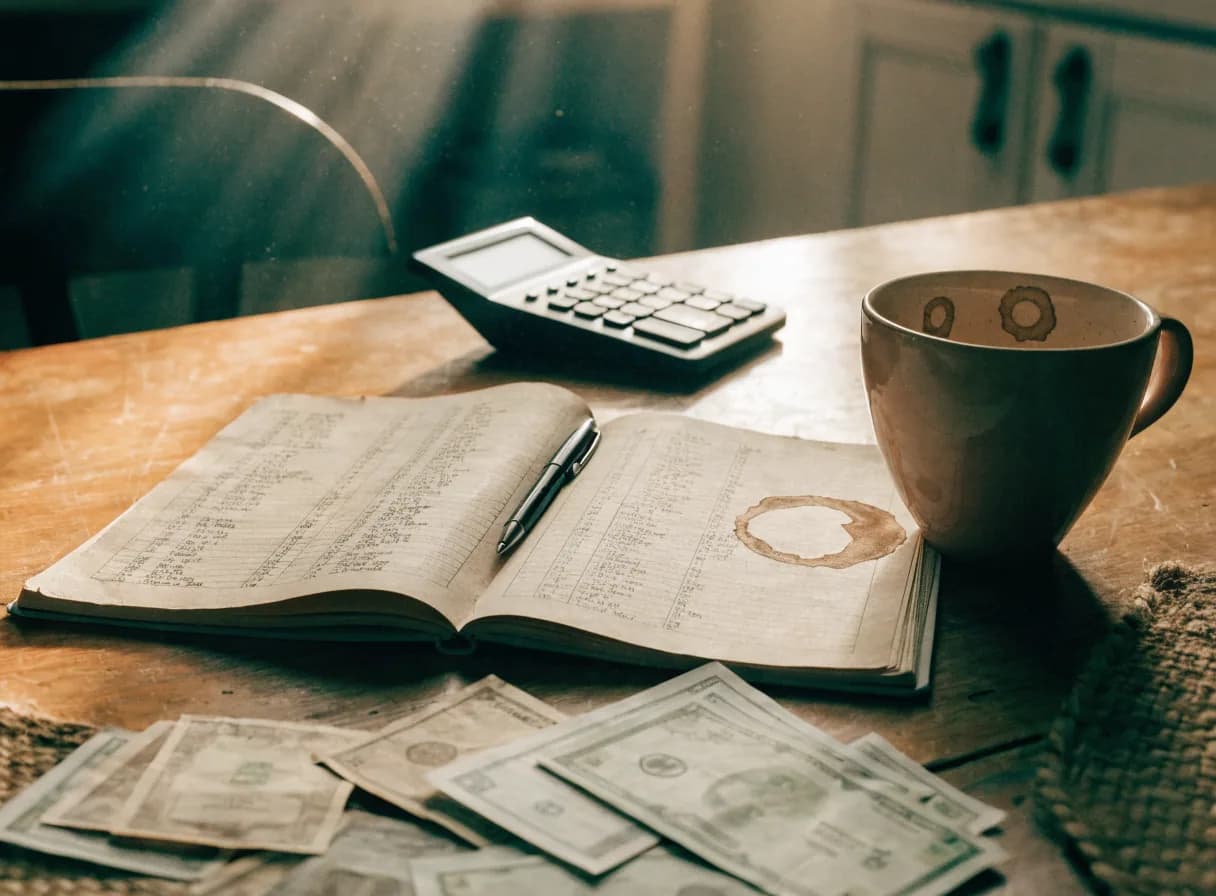 Mesa de cocina con calculadora, cuaderno de presupuesto abierto y billetes dominicanos esparcidos, simbolizando la planificación financiera familiar