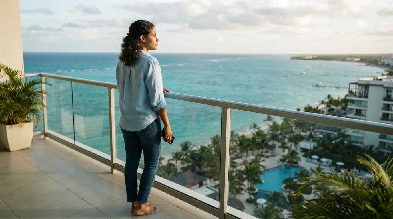 Mujer dominicana contemplando pensativamente la vista al mar desde el balcón de un apartamento en Punta Cana, sosteniendo su teléfono mientras evalúa una potencial inversión para Airbnb