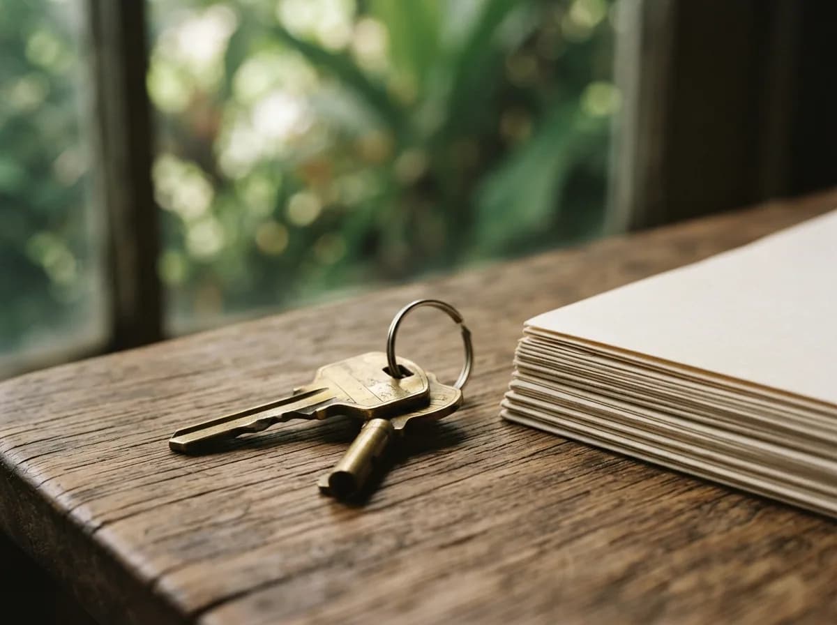 Apartment keys on a wooden table next to folded documents, symbolizing the decision to buy for tourist rental in the Dominican Republic