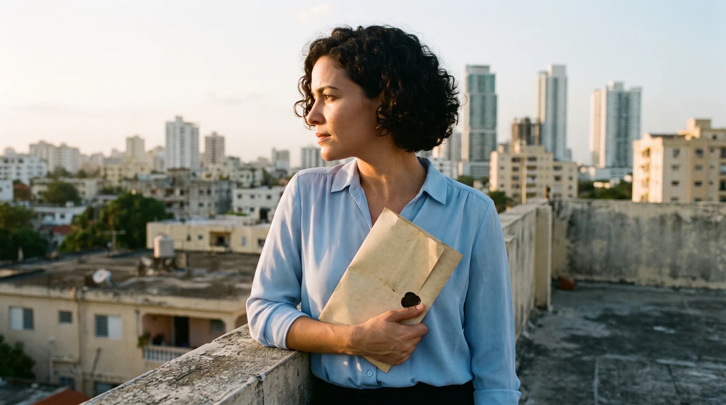 Mujer dominicana sosteniendo certificado de propiedad mientras contempla el horizonte de Santo Domingo desde Bella Vista