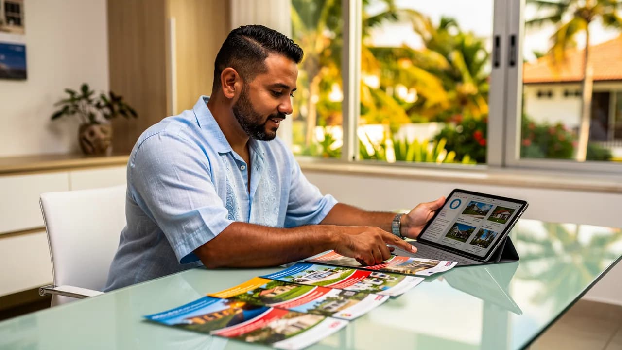 Hombre dominicano revisando folletos inmobiliarios y comparando propiedades en tablet en oficina moderna de Punta Cana