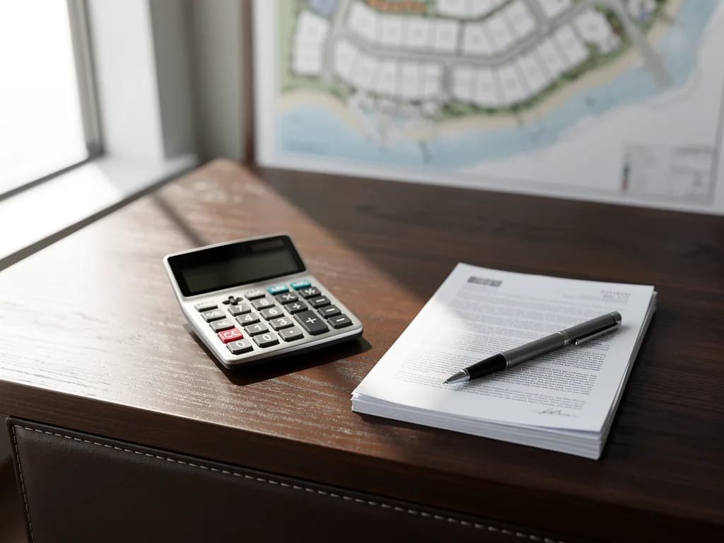 Calculadora y documentos inmobiliarios sobre escritorio con planos de propiedades desenfocados al fondo