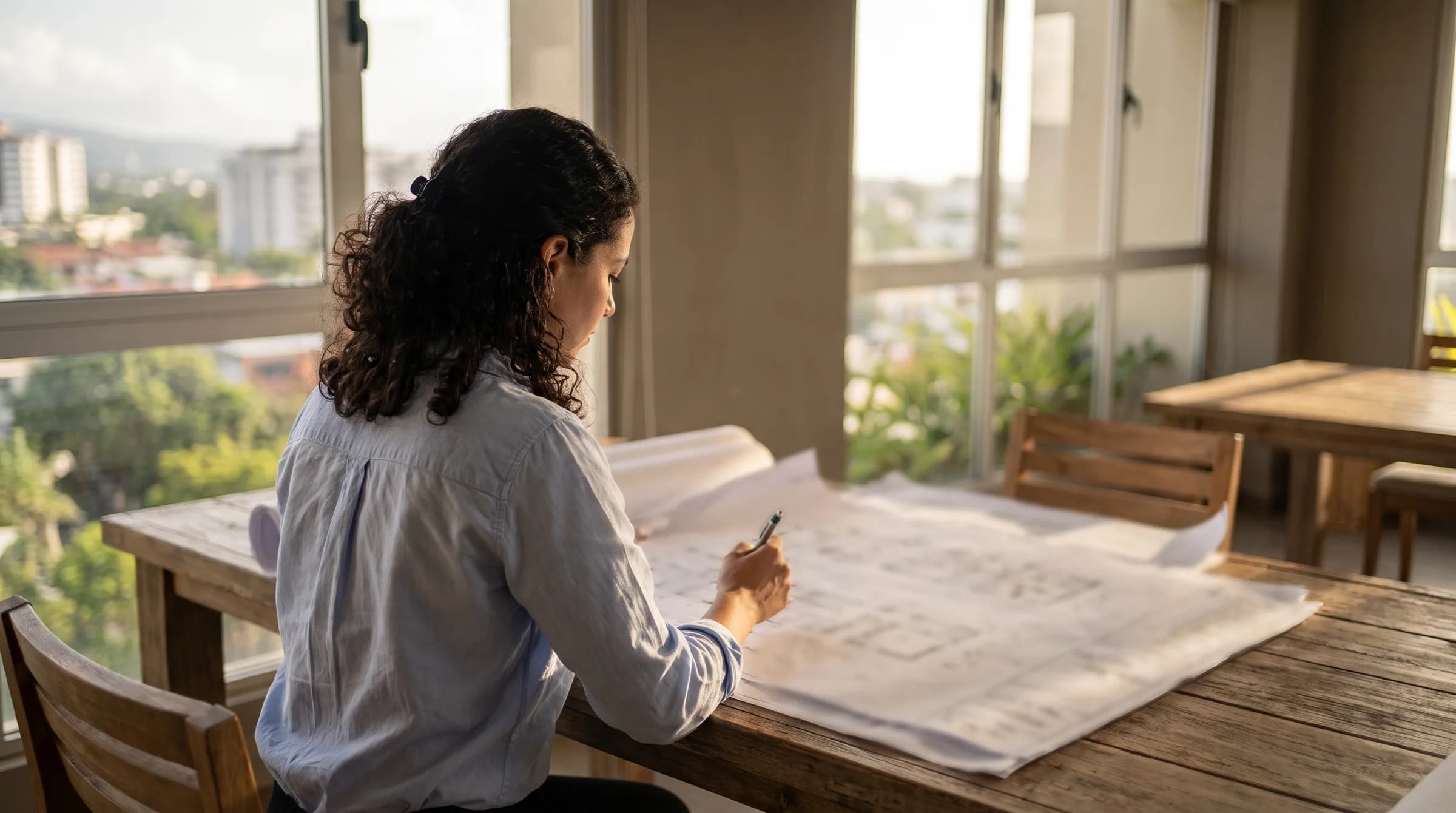 Mujer dominicana revisando planos arquitectónicos en una oficina inmobiliaria de Santiago, tomando decisiones sobre su futura vivienda del Plan Familia Feliz