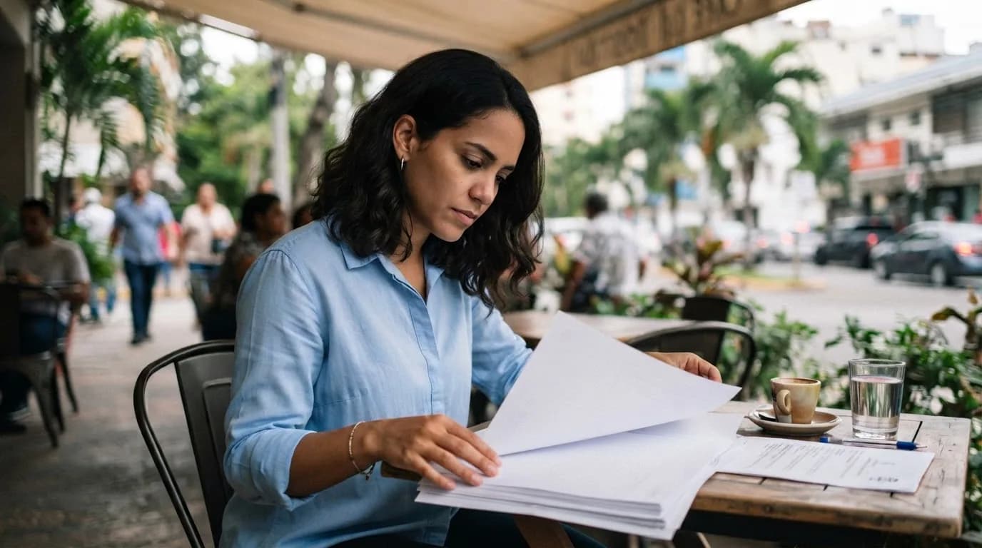 Mujer dominicana reflexionando sobre planos y contratos inmobiliarios en una cafetería de Santo Domingo