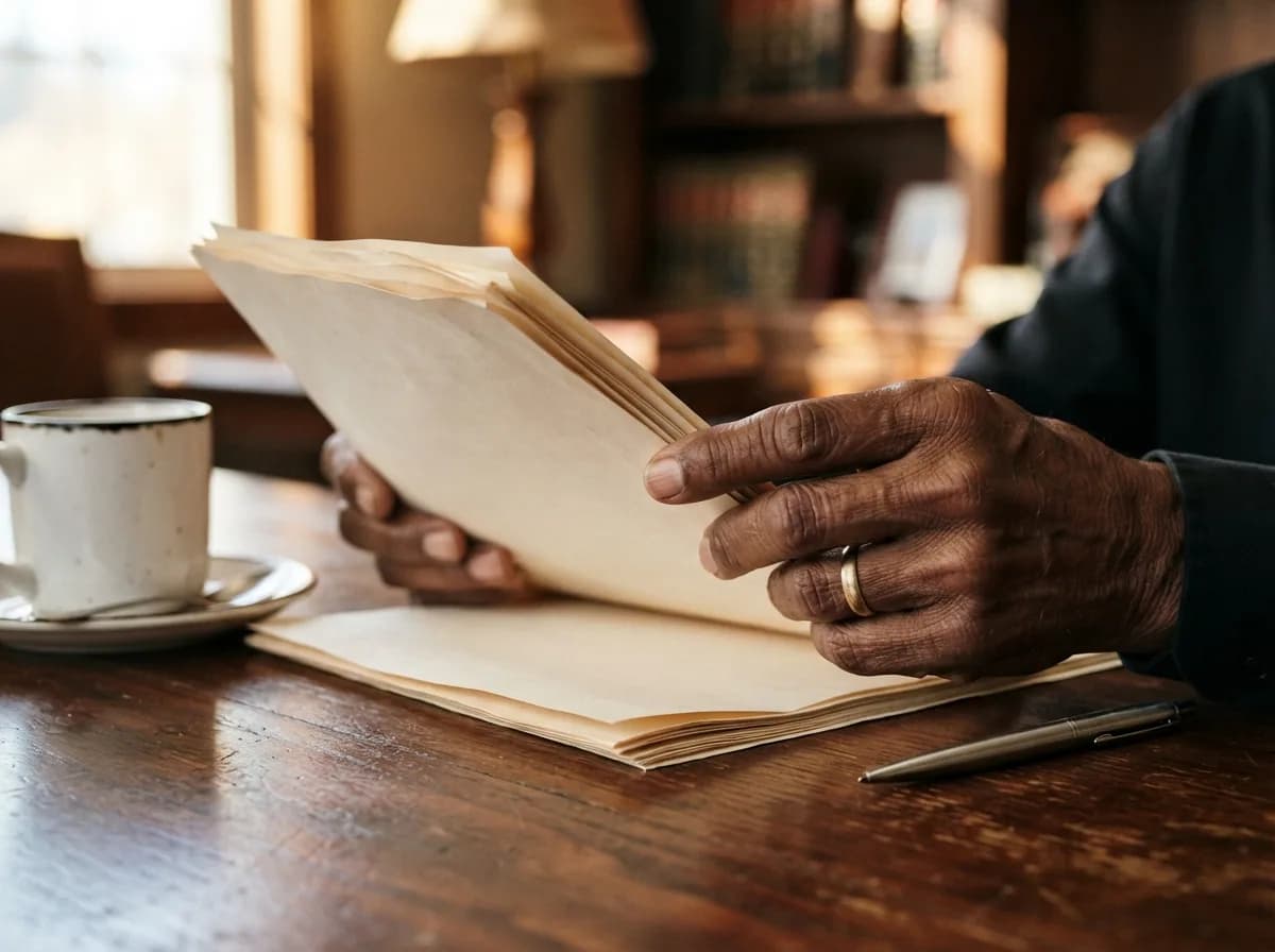 Manos de abogado revisando documentos legales inmobiliarios sobre escritorio con café y bolígrafo