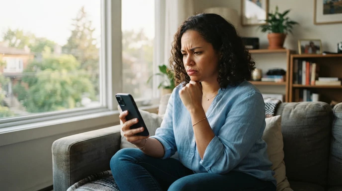 Mujer joven mirando su teléfono con expresión de preocupación mientras revisa información sobre poderes inmobiliarios desde su apartamento