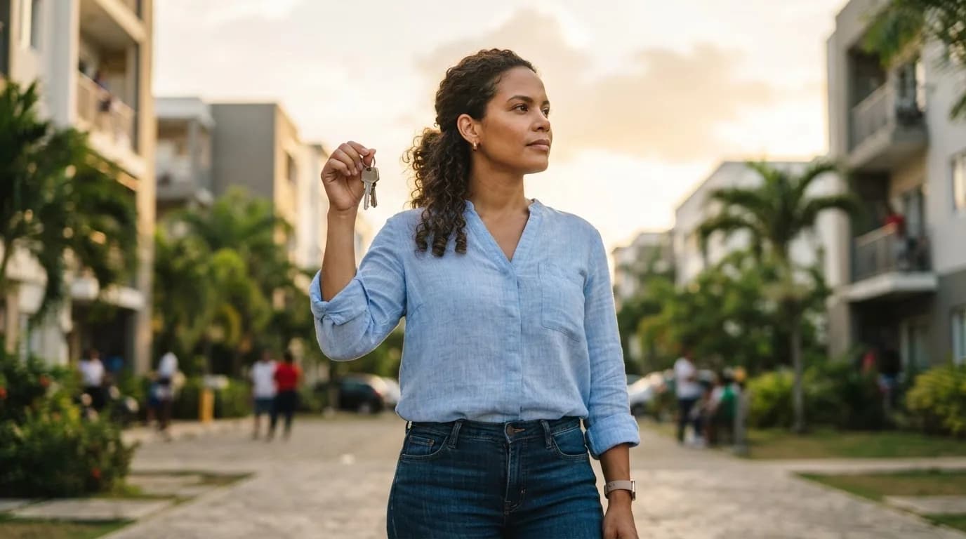 Mujer dominicana sosteniendo llaves de casa con expresión determinada, mirando hacia el futuro en área residencial de Santiago