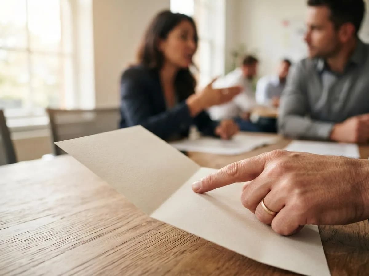 Mano señalando documento legal sobre mesa de madera con reunión de bienes raíces desenfocada al fondo