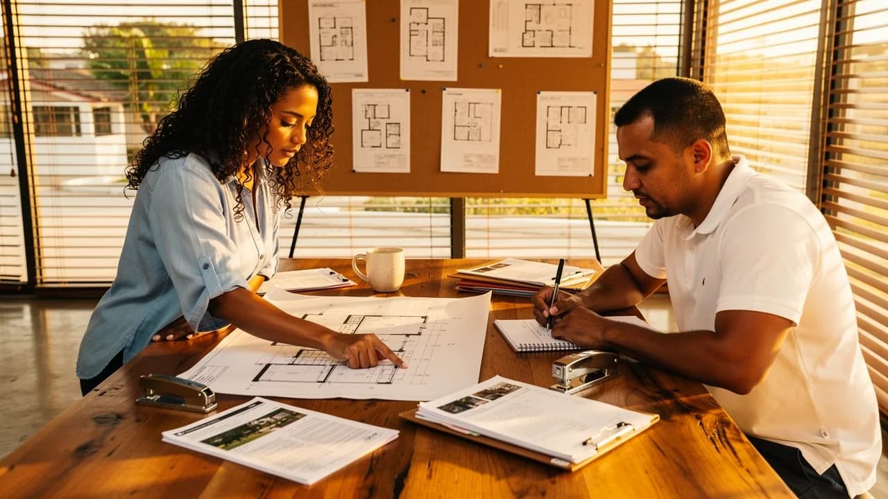 Pareja dominicana revisando planos y documentos de compra de propiedad en oficina de bienes raíces en Santiago