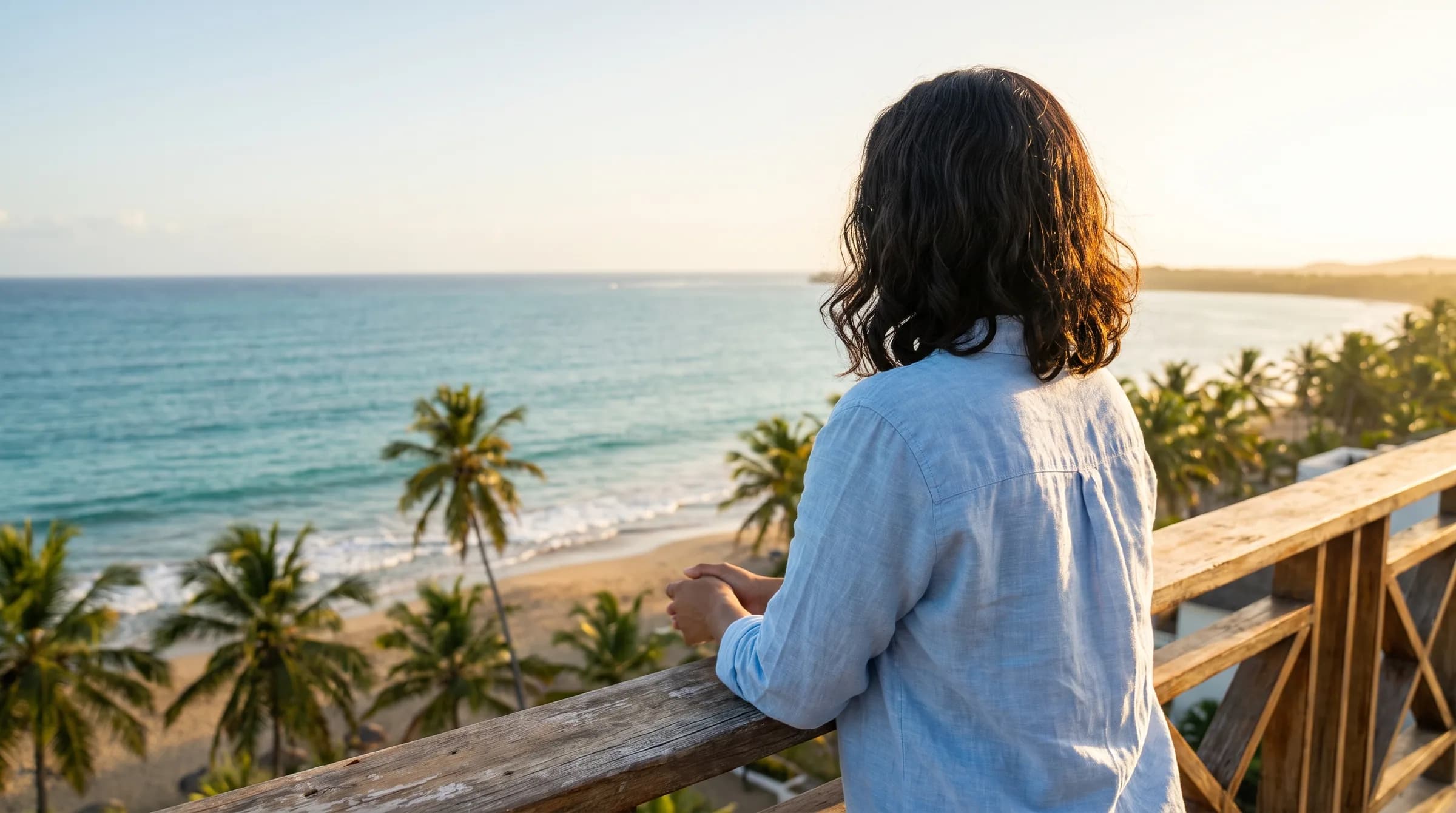 Mujer dominicana contemplando el mar desde el balcón de un apartamento en Cabarete, simbolizando la reflexión antes de tomar decisiones inmobiliarias en la costa norte