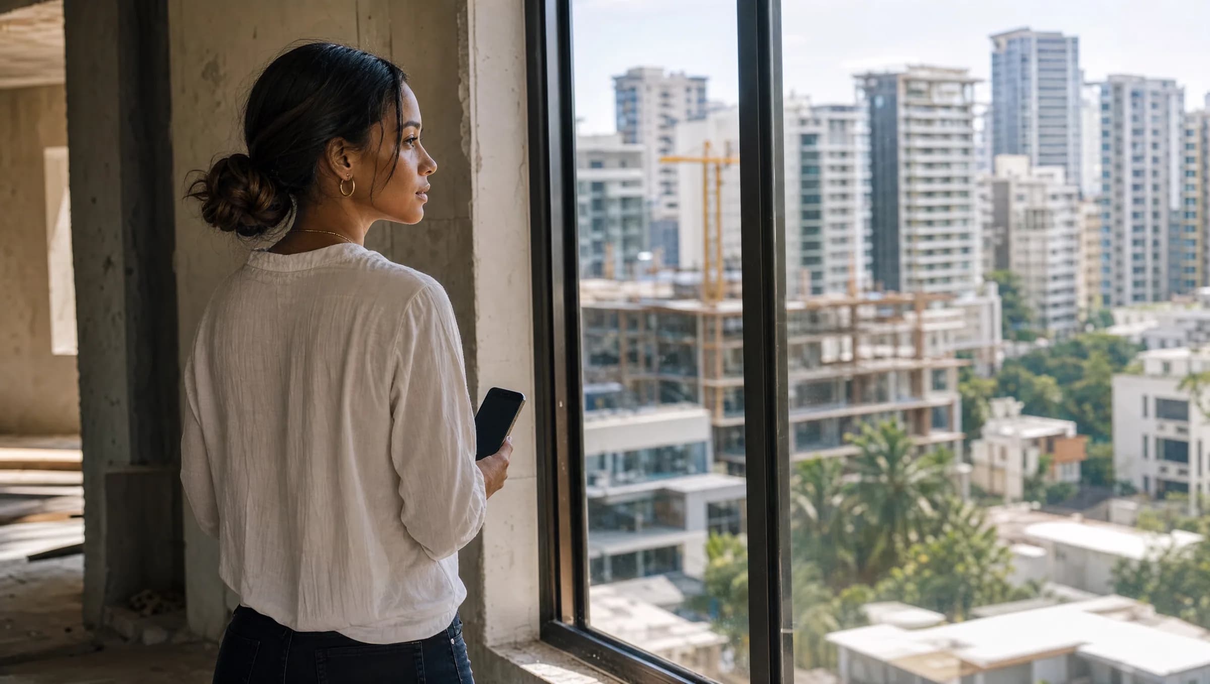 Mujer joven dominicana mirando pensativamente por la ventana de un apartamento en construcción en Santo Domingo, sosteniendo su teléfono móvil