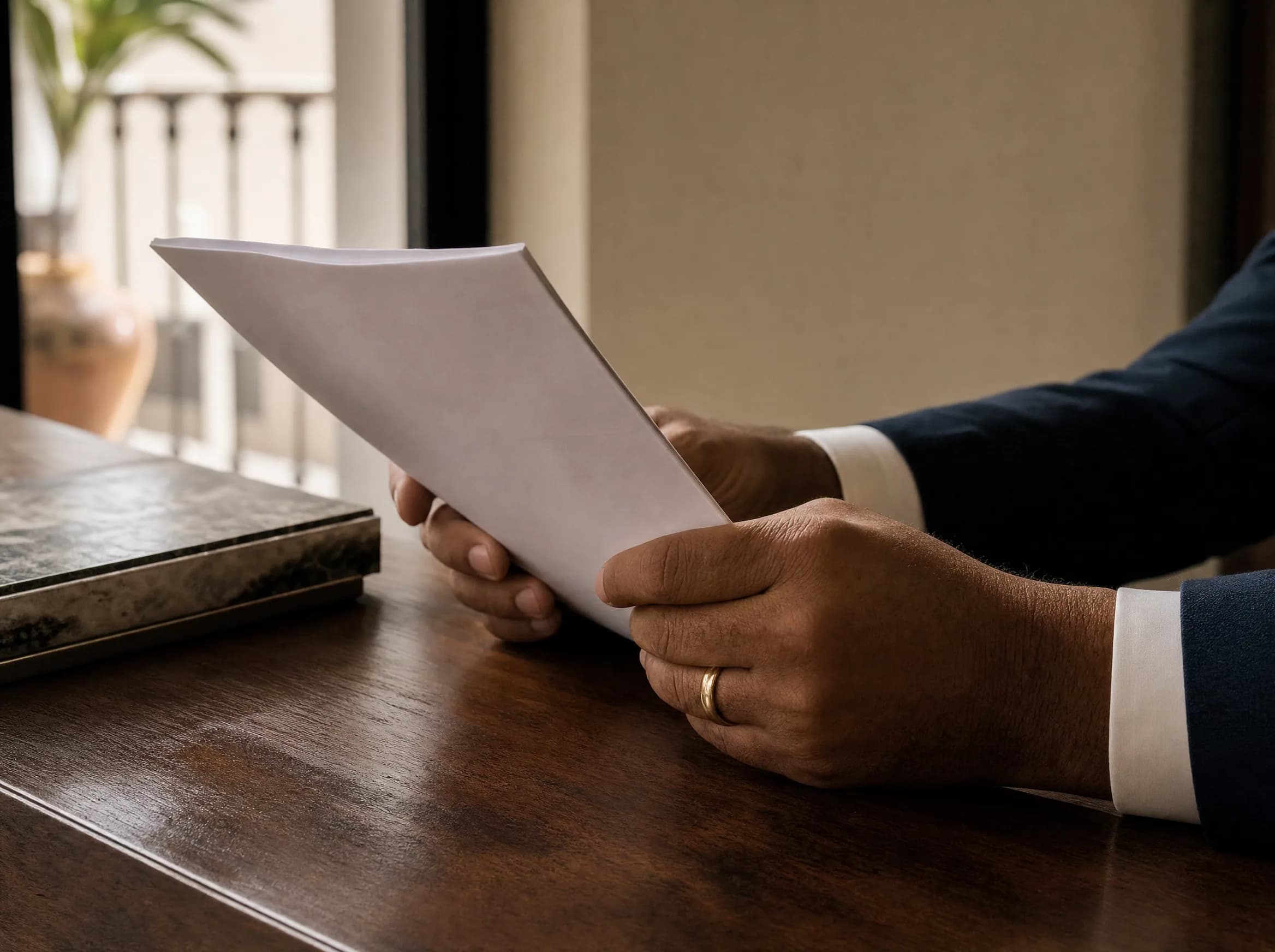 Close-up of male hands holding a folded property reservation contract, showing tension and concern in a real estate office