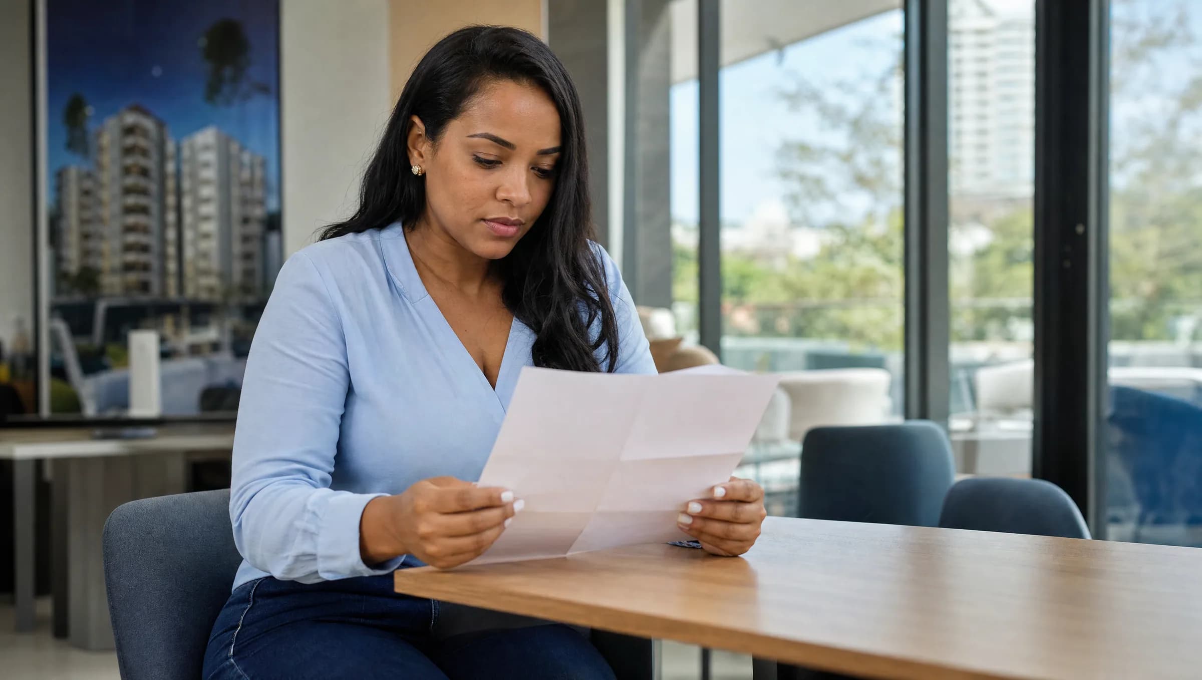 Mujer dominicana revisando documentos inmobiliarios en oficina de Santiago, sosteniendo papeles doblados mientras los examina cuidadosamente