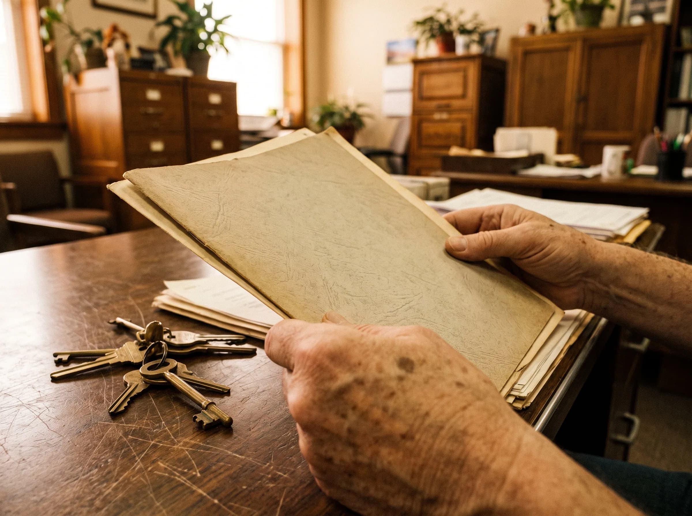 Hands holding folded legal documents next to apartment keys on a wooden table, representing the property separation process