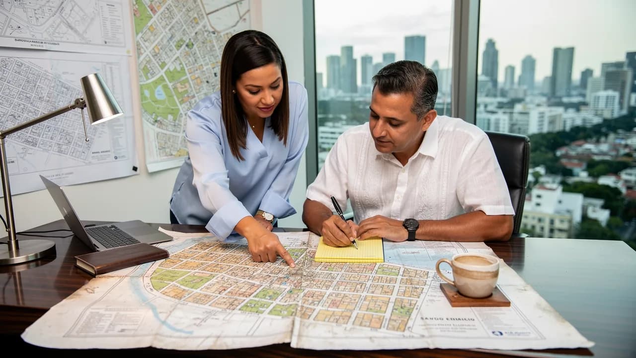 Una compradora primeriza consulta con su agente inmobiliario sobre diferentes sectores de Santo Domingo, revisando un mapa detallado de la ciudad en una oficina moderna