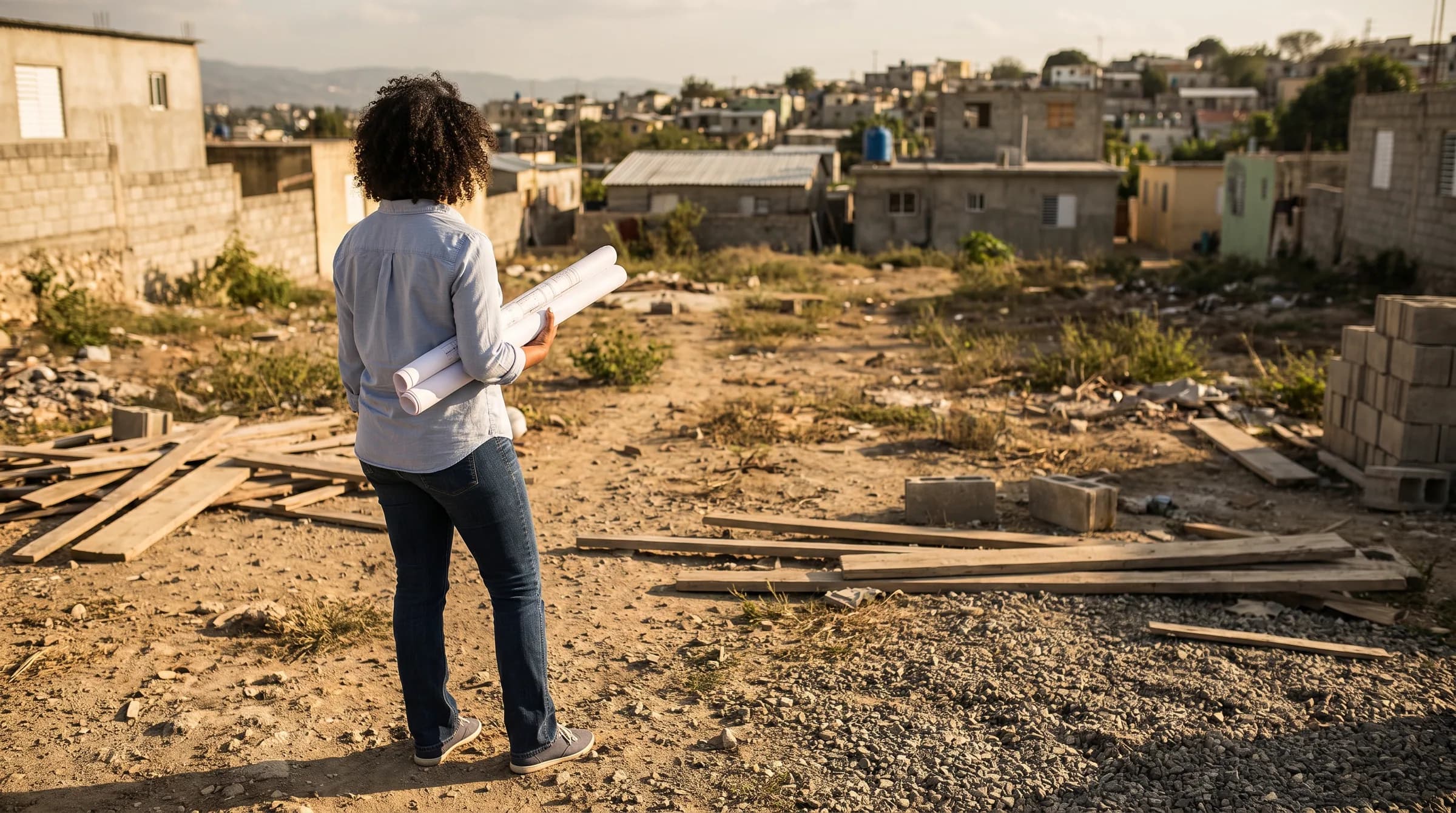 Mujer dominicana observando pensativa un terreno en Santiago mientras sostiene planos de construcción, evaluando su futura propiedad