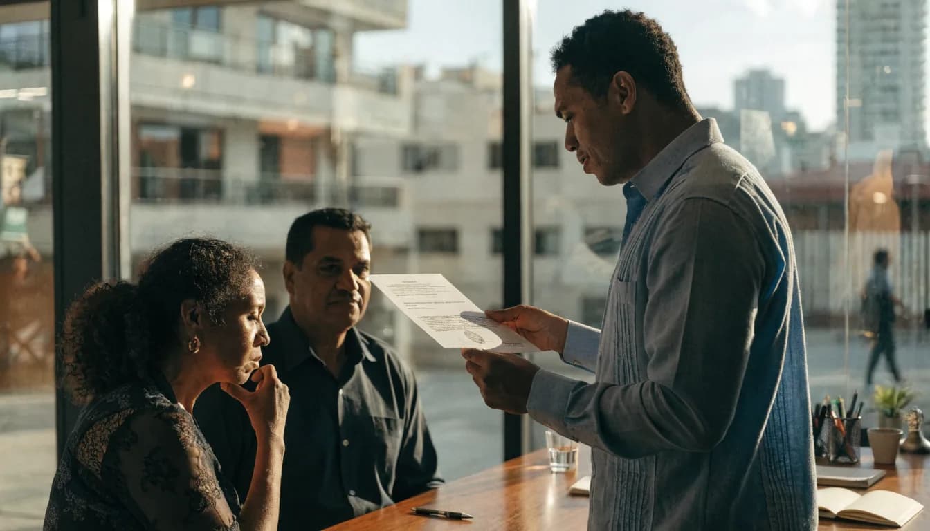 Agente inmobiliario certificado presentando sus credenciales a una pareja de clientes en una oficina profesional en Santo Domingo