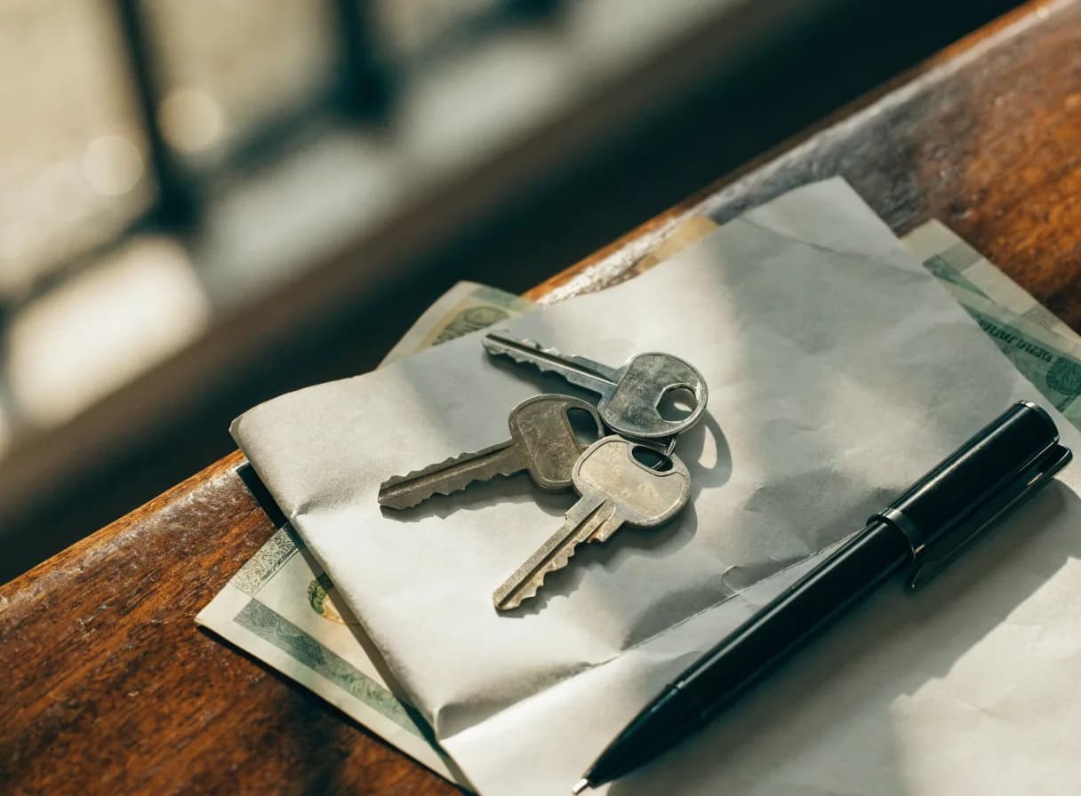 Llaves de casa sobre contratos inmobiliarios doblados con billetes dominicanos, representando el proceso de verificación antes de realizar pagos