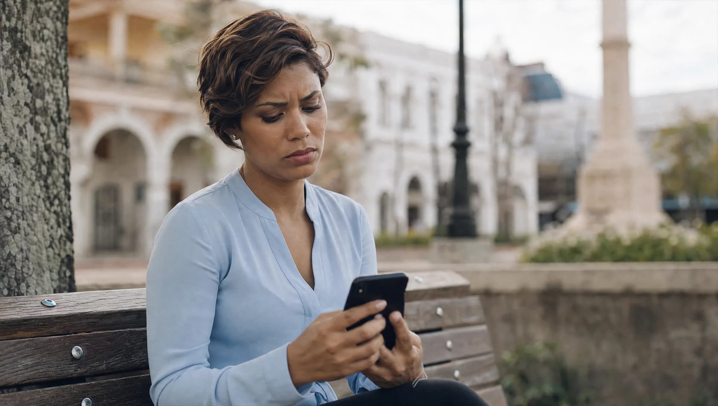 Mujer dominicana mirando con preocupación un anuncio inmobiliario en su teléfono en Santo Domingo