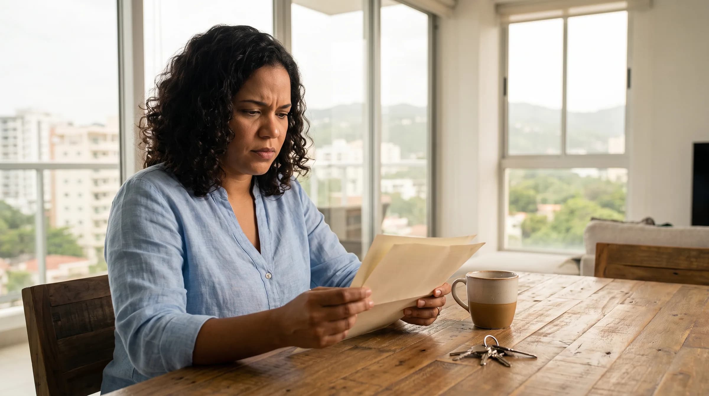 Mujer dominicana revisando pensativamente documentos de condominio en su apartamento en Santo Domingo, con café y llaves sobre la mesa